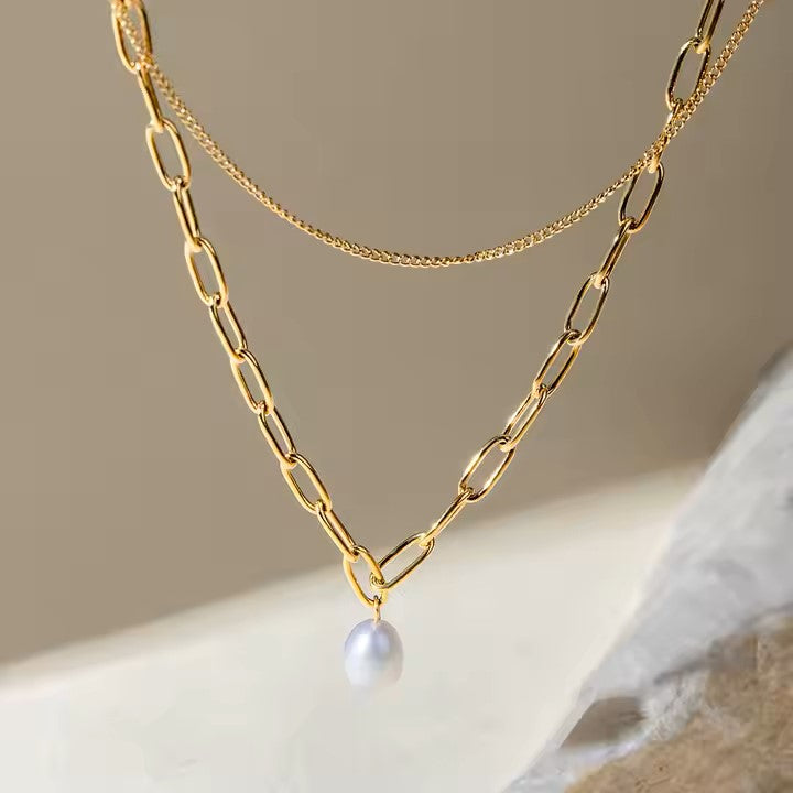 Layered Gold Chain Necklace with Pearl Pendant