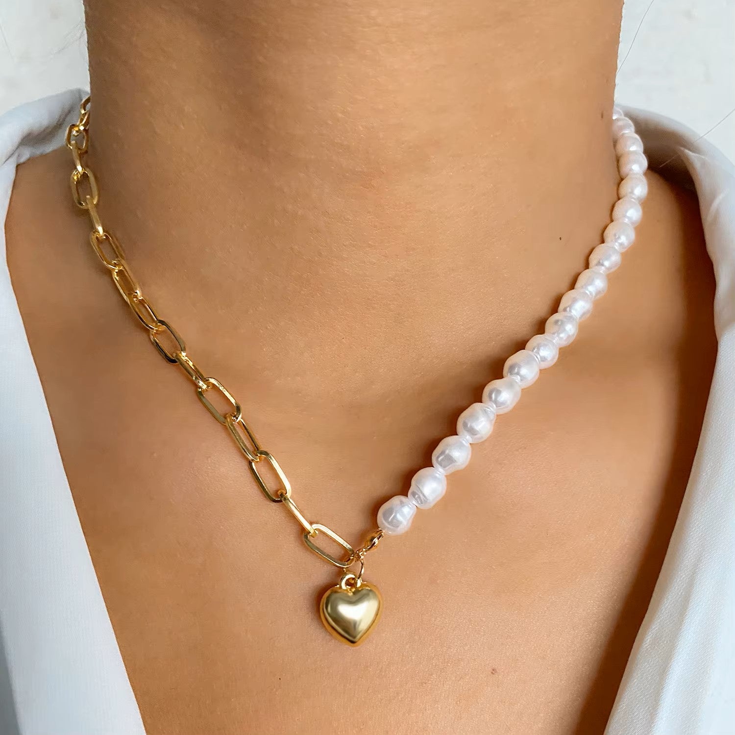 Mixed Link and Pearl Heart Pendant