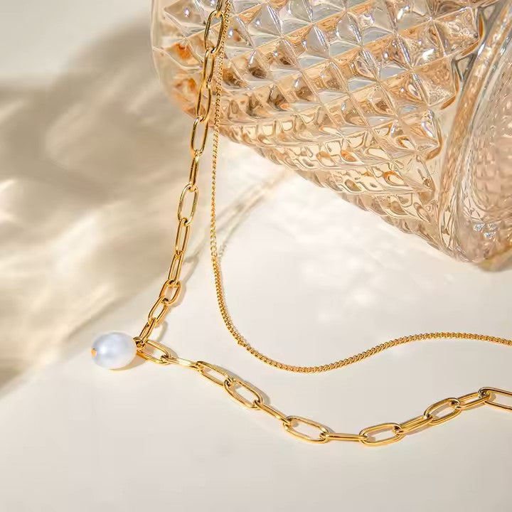Layered Gold Chain Necklace with Pearl Pendant