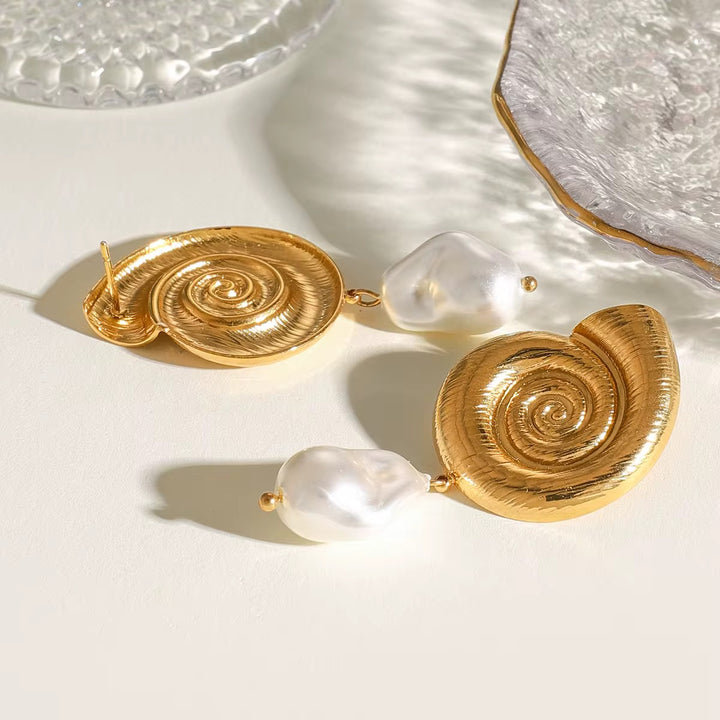 Gold Seashell Pearl Drop Earrings