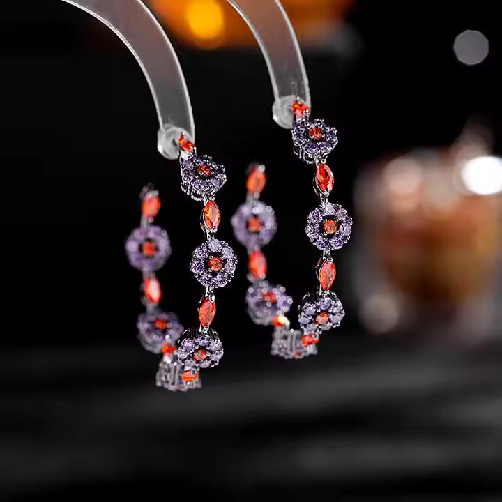 Sparkling Purple & Orange Crystal Hoops