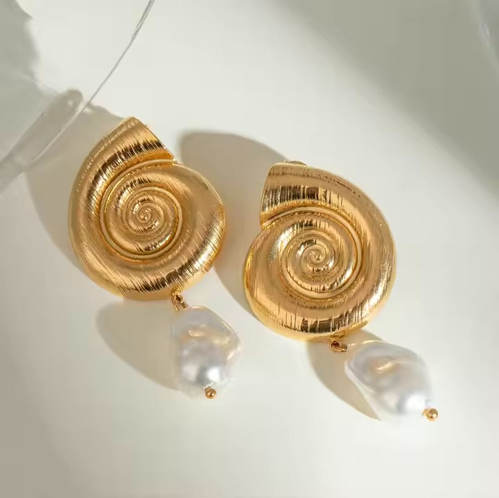 Gold Seashell Pearl Drop Earrings